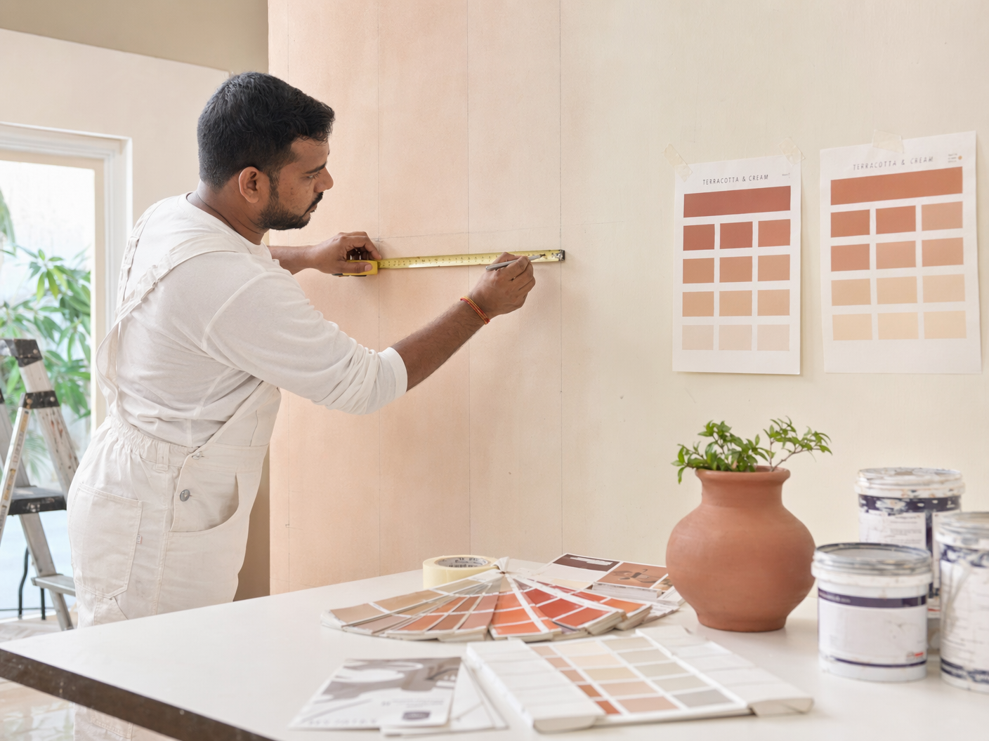 Raddysolution consultant showing colour swatches and texture samples to a client during a free consultation