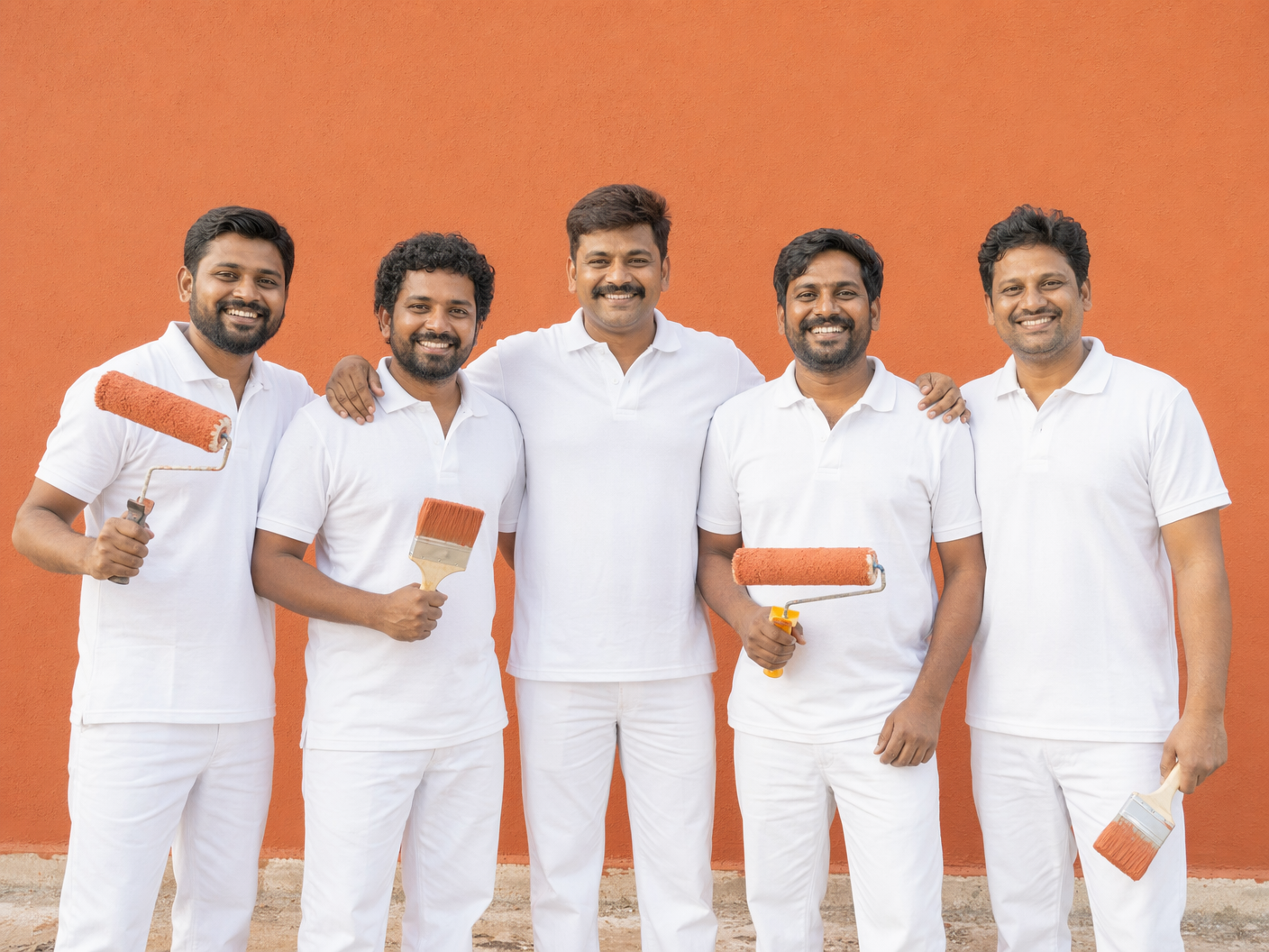 Raddysolution professional team of painters in white uniforms holding brushes, rollers, and colour swatches